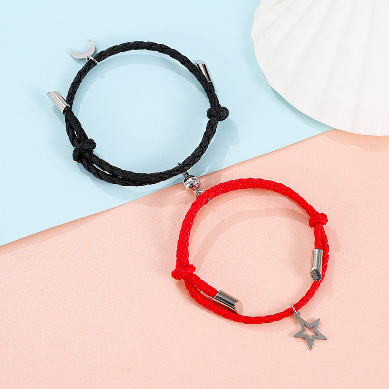 2:PU black red rope star and moon silver pair