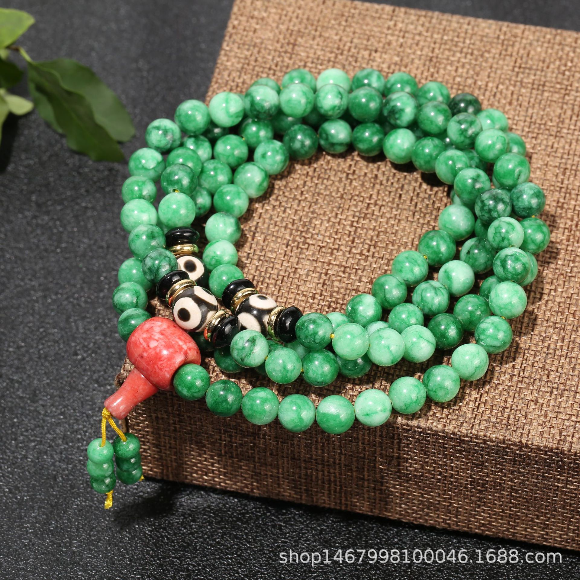 Green jade and Tibetan aagate beads