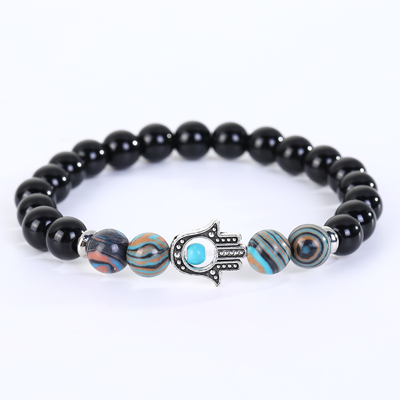 Glossy black beads and colorful malachite silver bergamot bracelet