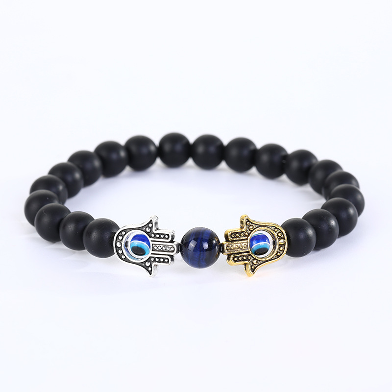 Frosted black beads gold and silver hands blue tiger eye bracelet