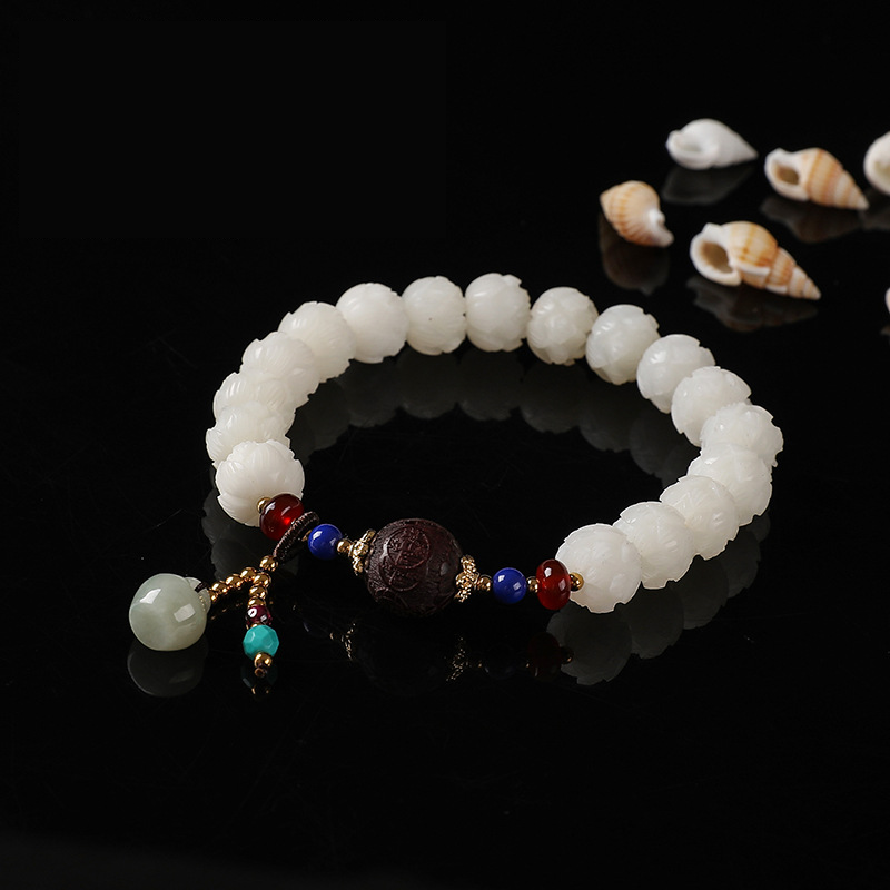White jade lotus hanging multi-treasure hand beads (separated by emerald)