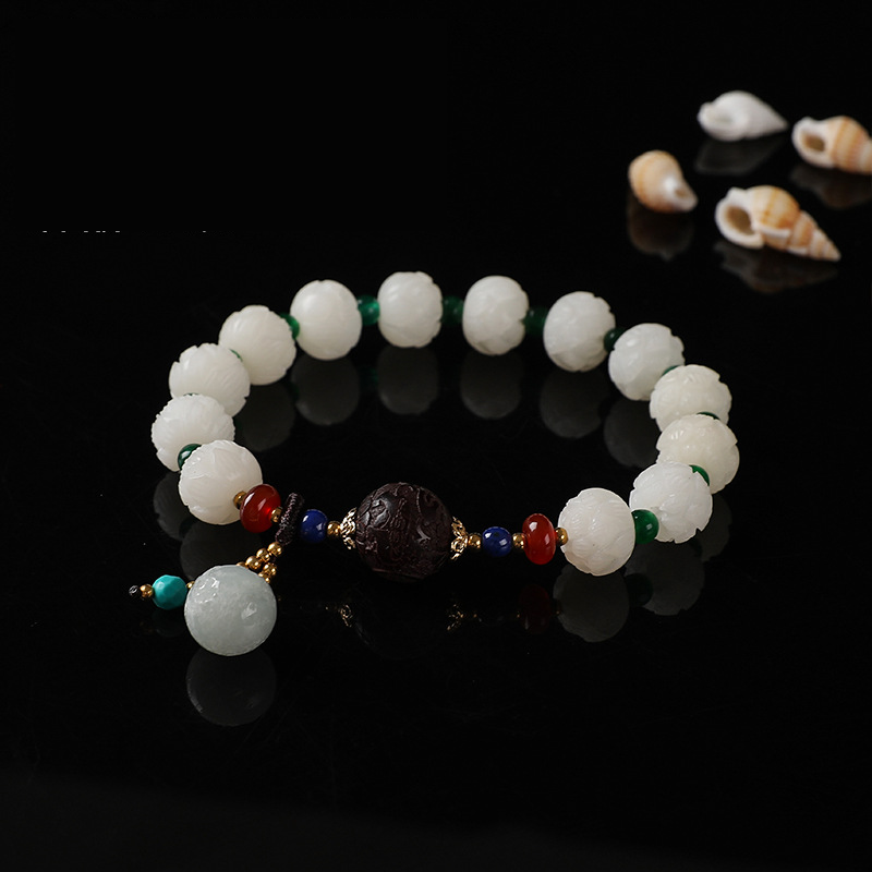 10mm white jade lotus hanging multi-treasure hand beads (separate emerald style)