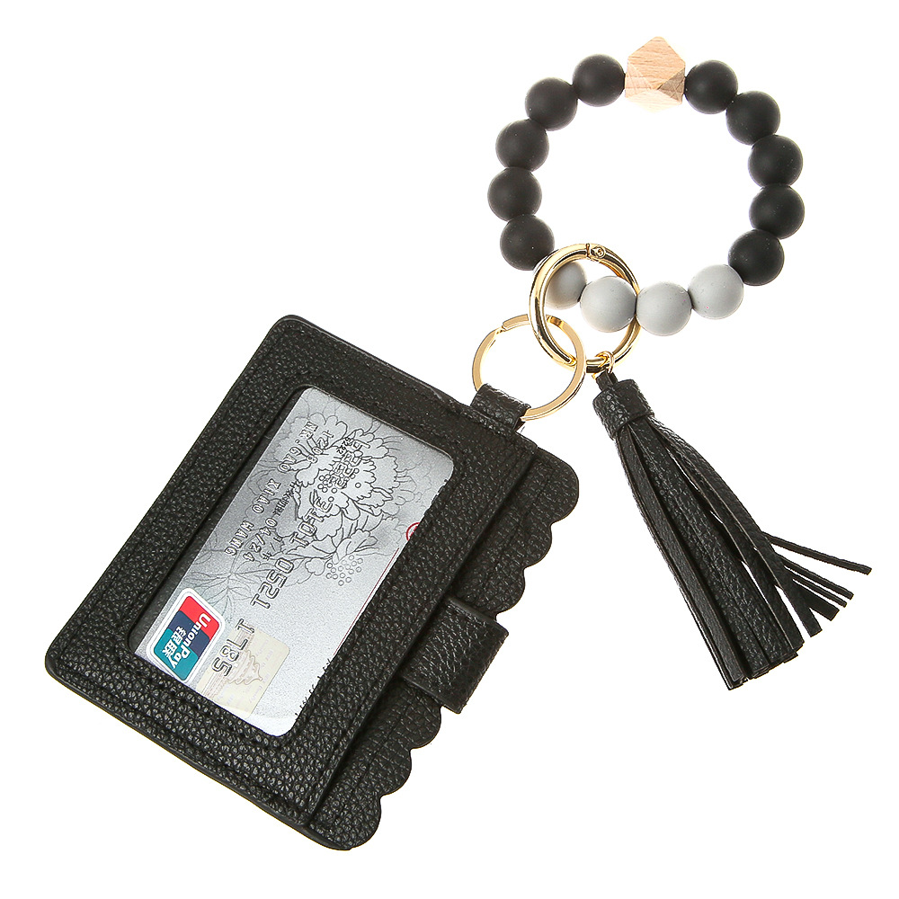 1 Black Silica Bead Bracelet Card Case Key Ring B1