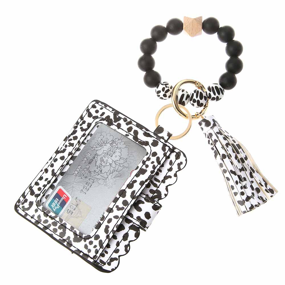 7:1 White Leopard Print Silica Bead Bracelet Card Case Key Ring B15-0304