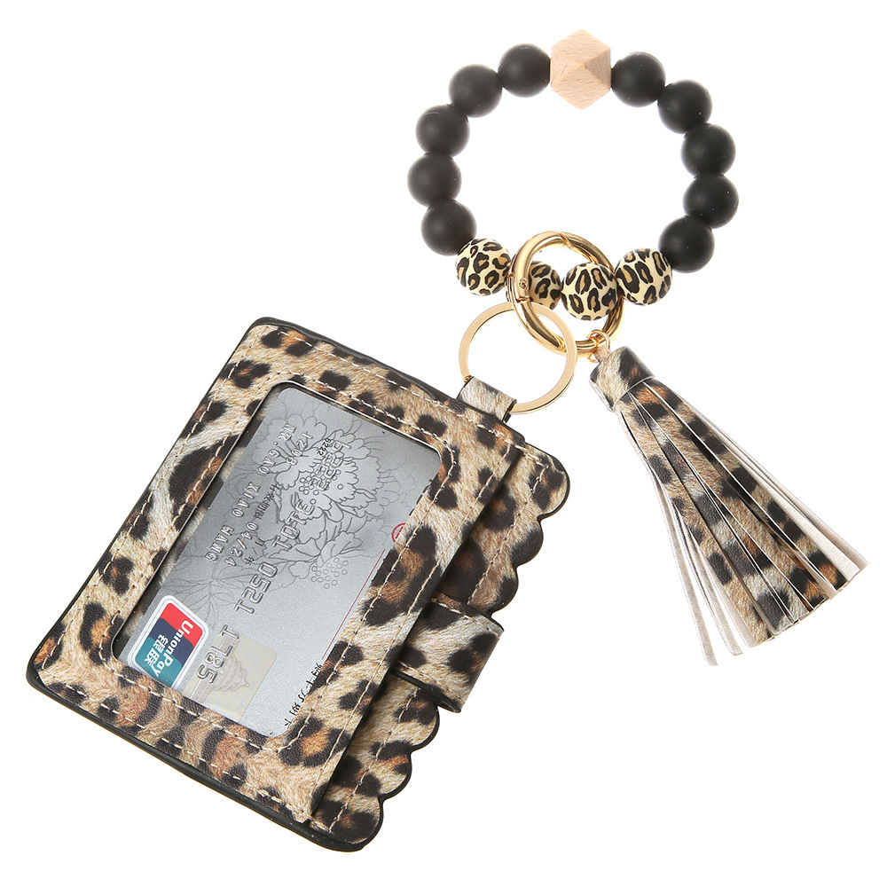 1 Yellow Leopard Print Silica Bead Bracelet Card Case Key Ring B15-0404