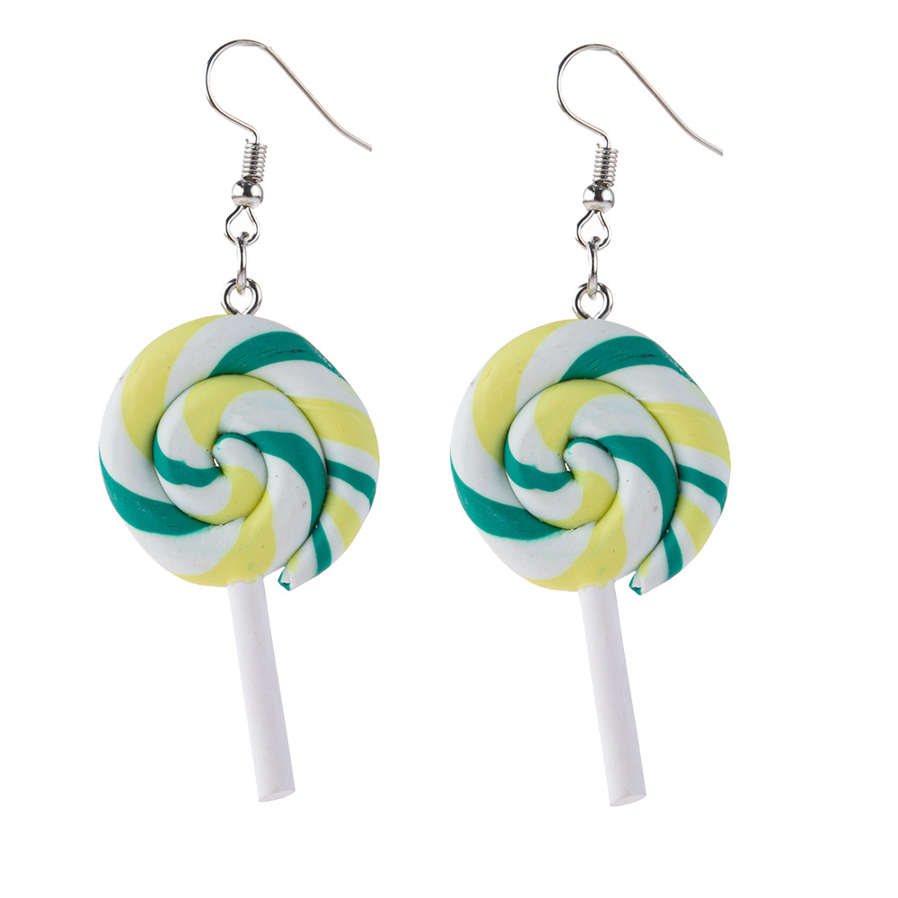 5:1 pair of green and yellow terra-cotta lollipop earrings