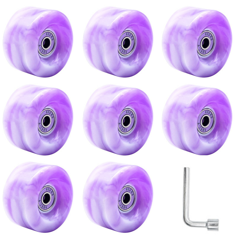 8 white and purple color wheels (including bearings), wrenches