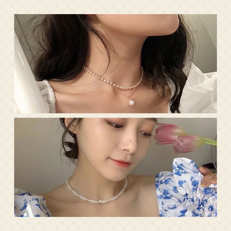 Double pearl + pearl clavicle necklace [two sets]
