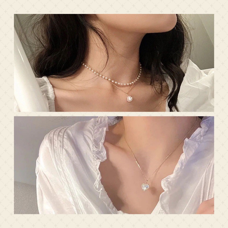 Double pearl + diamond love necklace [two sets] de
