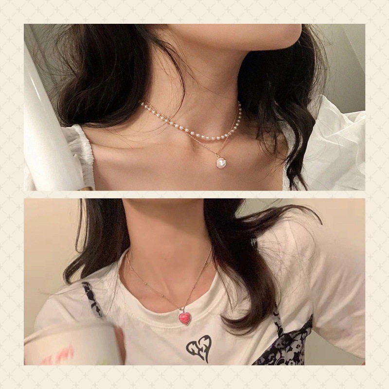 Double pearl + red heart necklace [two sets] defau