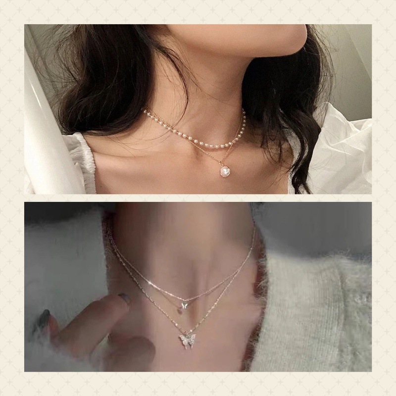 Double pearl + double butterfly necklace [two sets