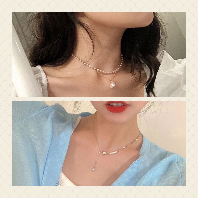 Double pearl + eight awn star necklace [two sets]