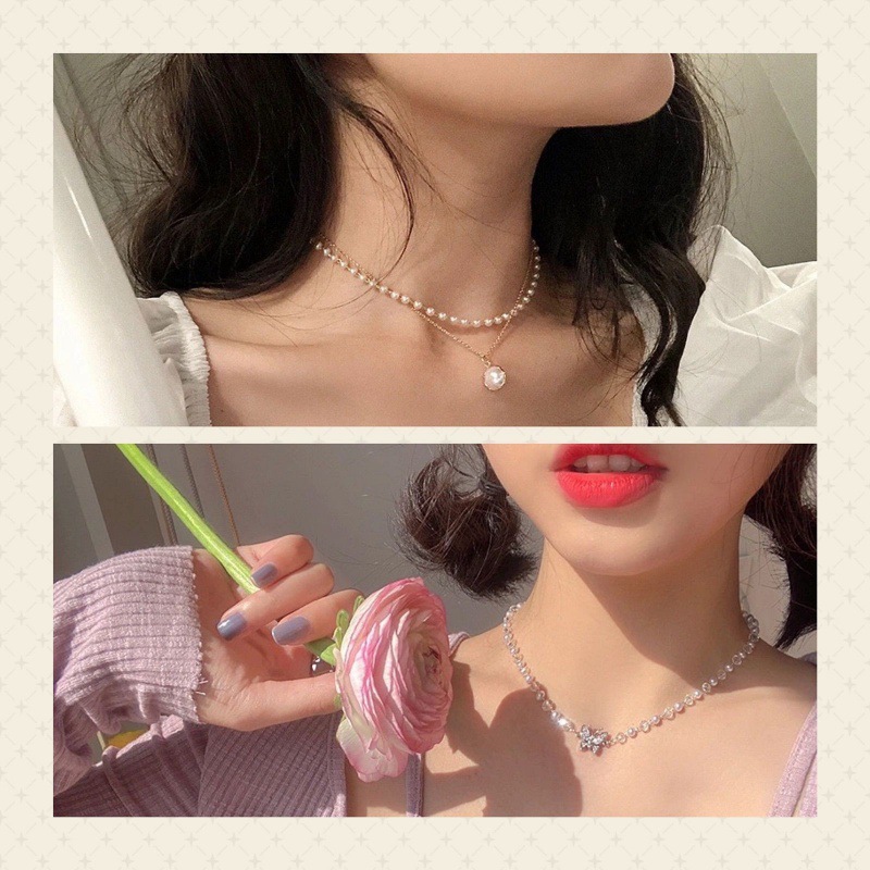 Double pearl + pearl butterfly necklace [two sets]