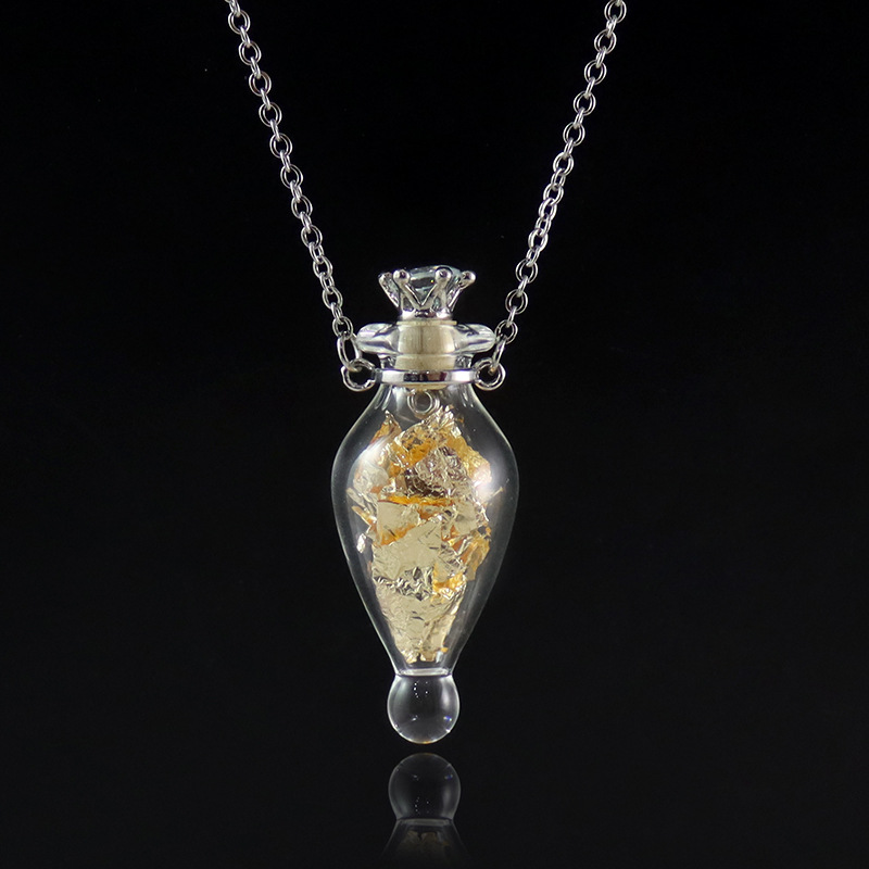 Transparent drop glass necklace (crown plug   gold leaf)