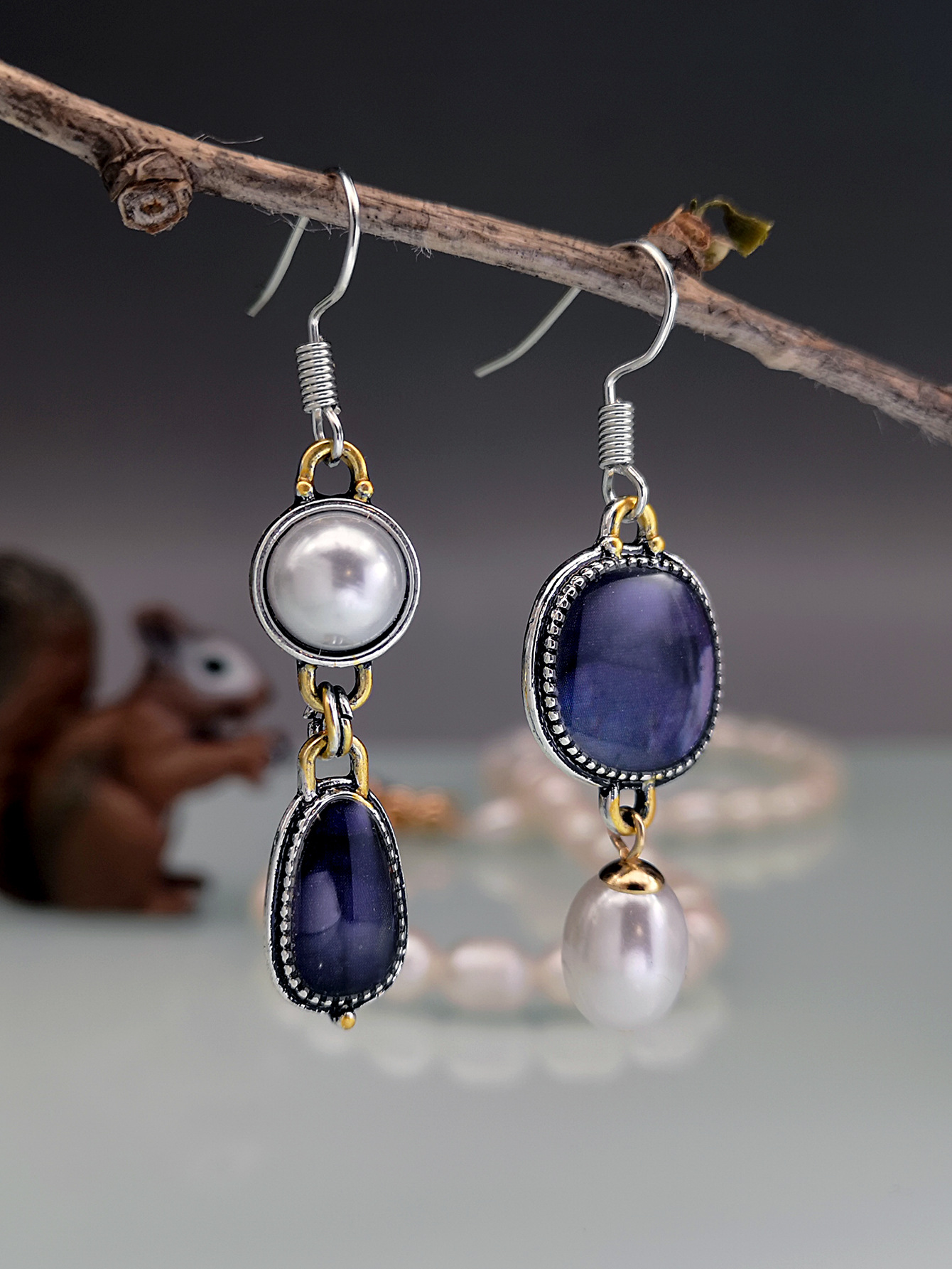 Gold and silver blue and purple + pearl drops