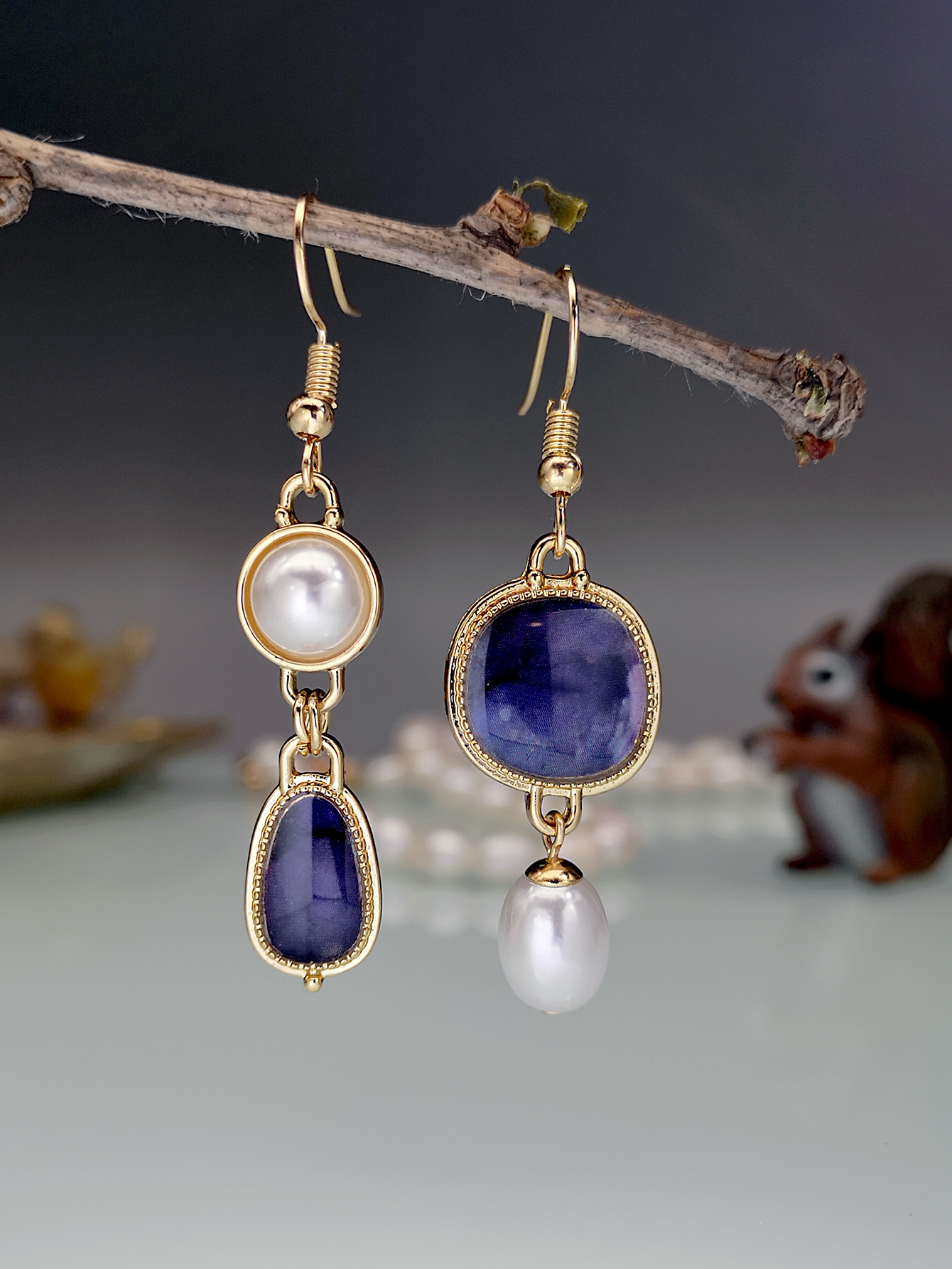 Gold-plated blue purple + pearl drops
