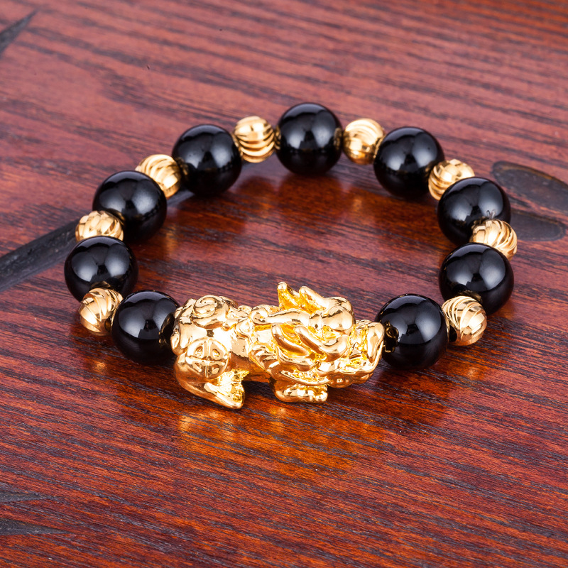 4:Single Brass Charm and Stripe Beads Black Agate 12mm