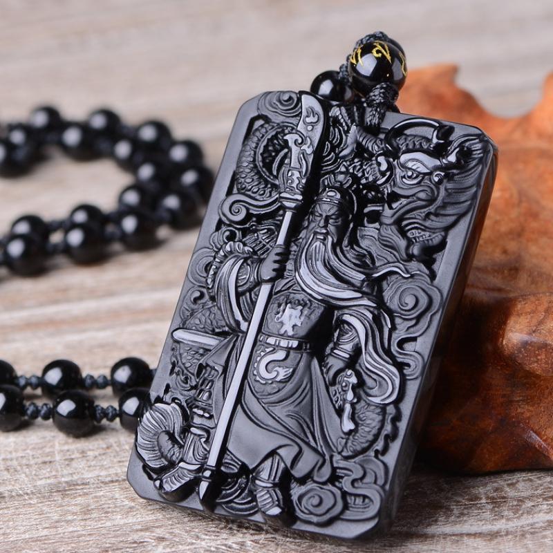 Obsidian pendant with adjustable bead chain