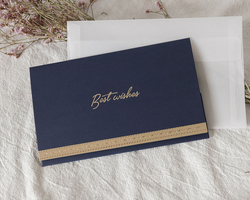 Best wishes in navy blue greeting card + envelope