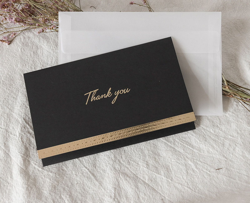 Black thank you greeting card + envelope + handwri