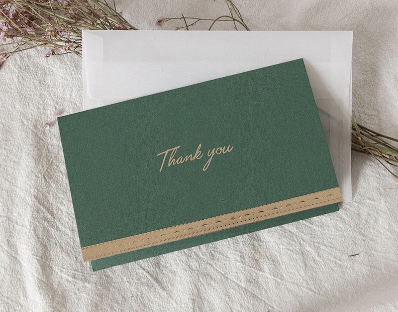 Green Thank You Greeting Card + Envelope + Handwri