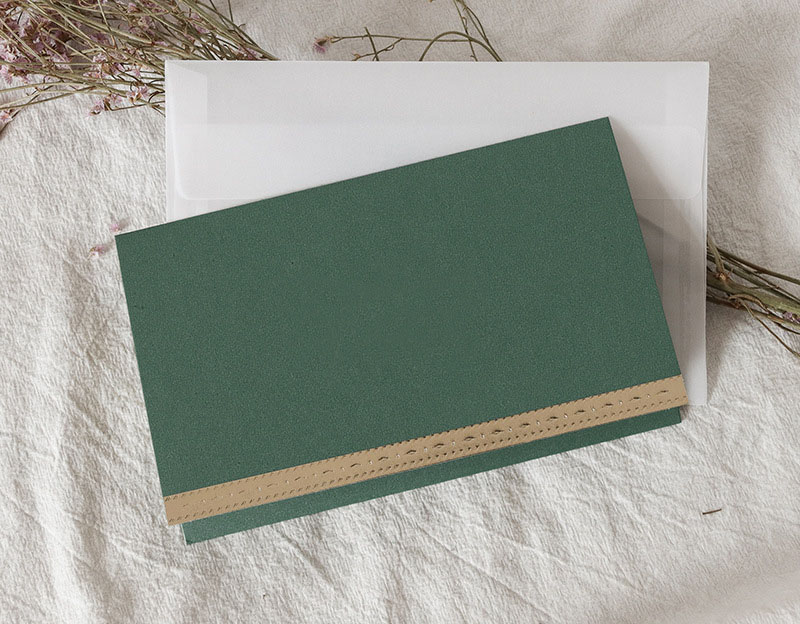 Green blank greeting card + envelope + handwritten