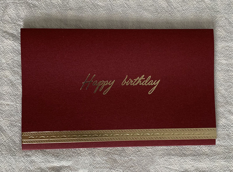 Dark red happy birthday greeting card + envelope +