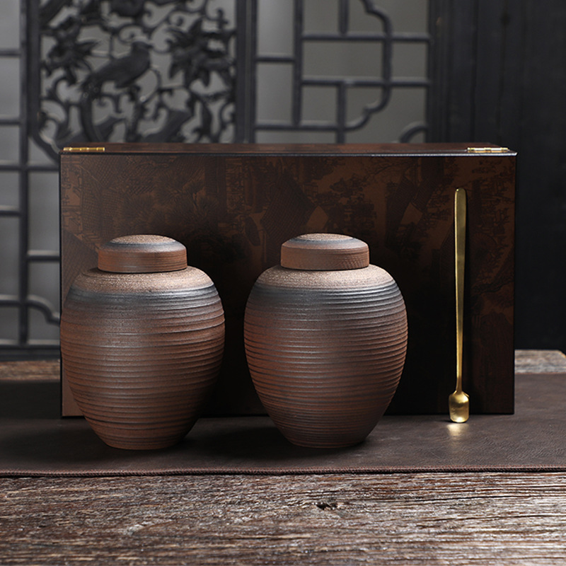 Qingming Shanghe Wooden Box-Ceramic Double Jar