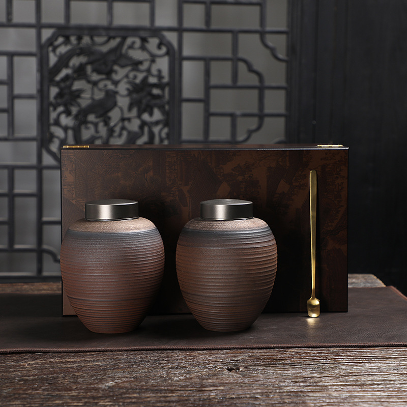 Qingming Shanghe Wooden Box-Ceramic Alloy Lid Double Jar
