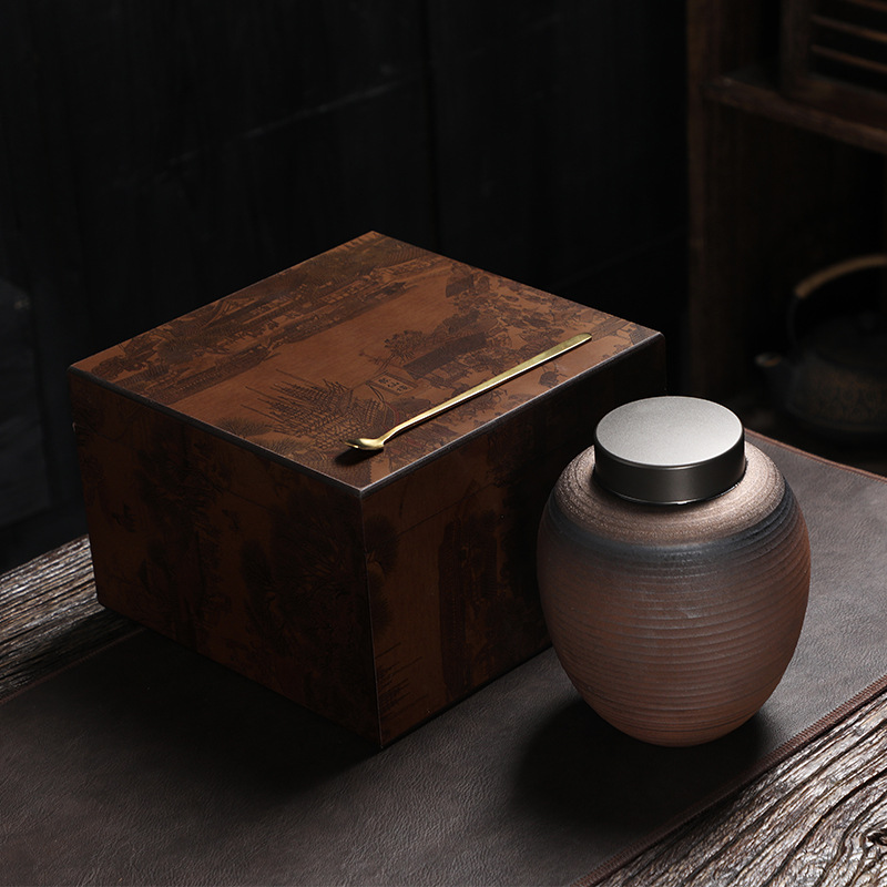 4:Qingming Shanghe Wooden Box-Single Jar with Ceramic Alloy Lid