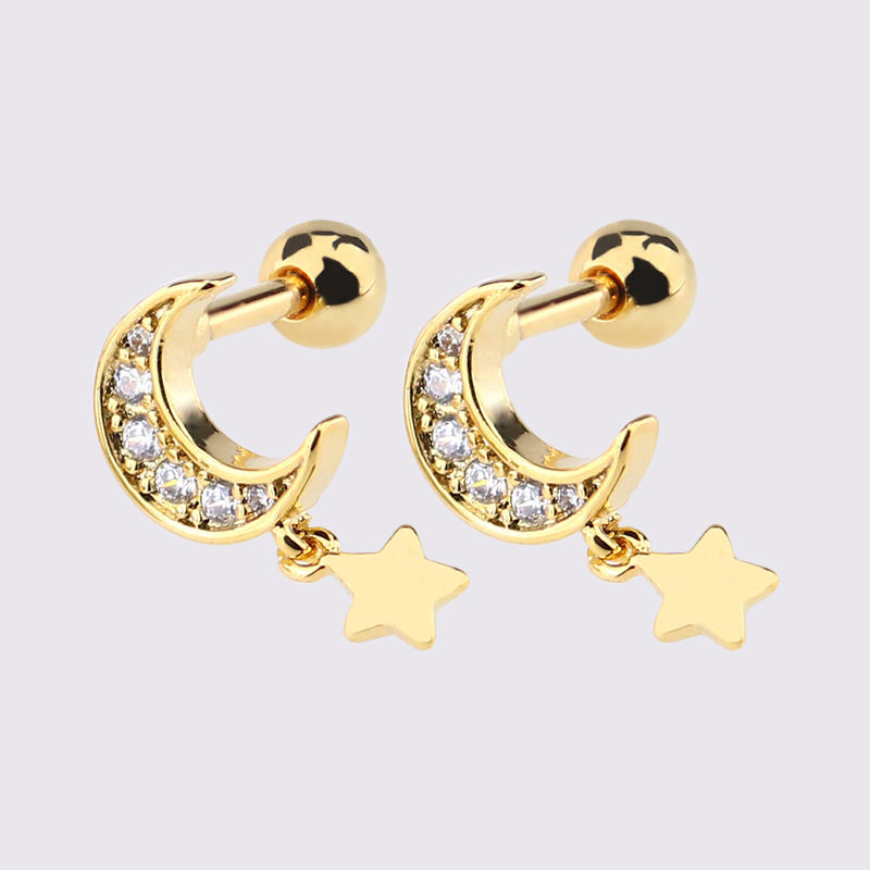48:Golden Moon Pendant Stud Earrings