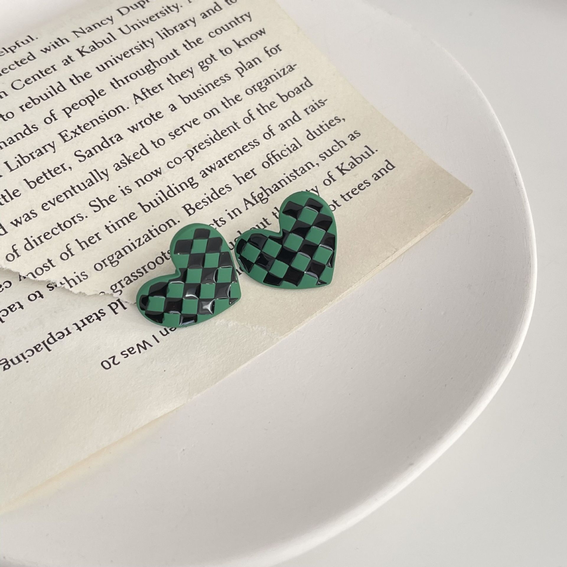 Style B - Green heart checkerboard earrings pair