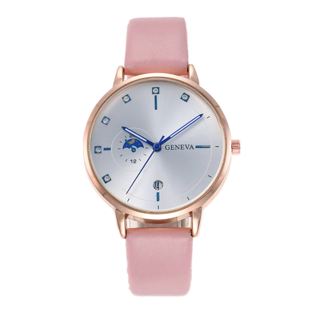 Pink Belt Rose Gold Shell Silver Face Blue Needle