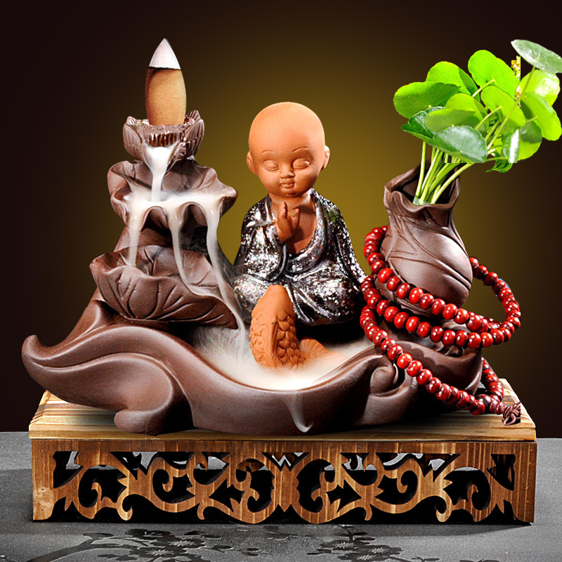 Hollow wooden base   big leaf lotus pond   sand gold lucky monk