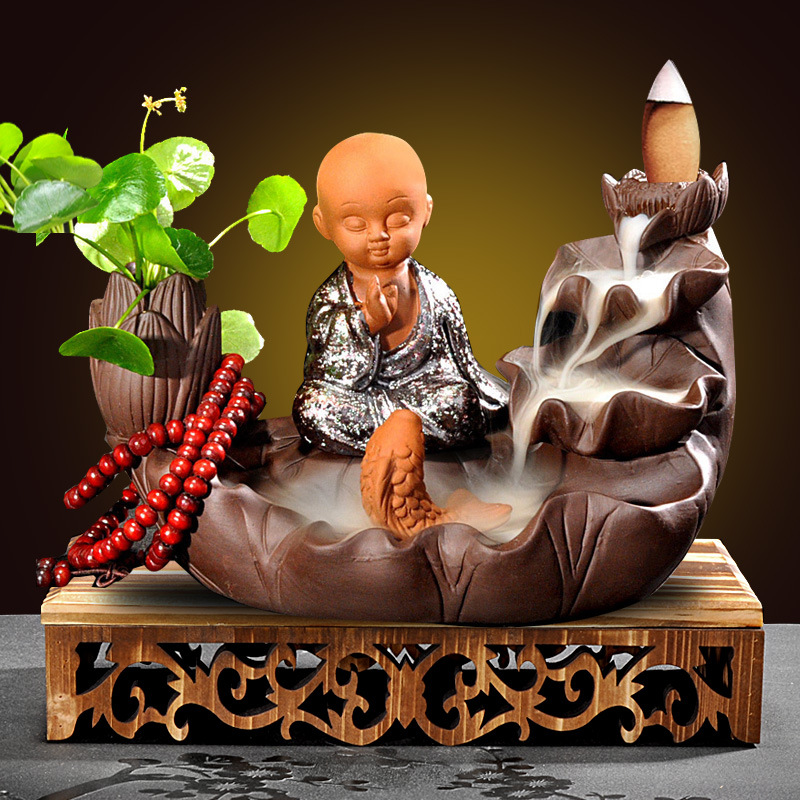 Hollow wooden base   fish play lotus pond   sand gold lucky monk