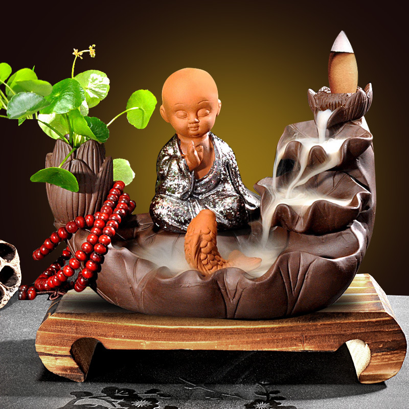 Wooden base   fish play lotus pond   sand gold lucky monk