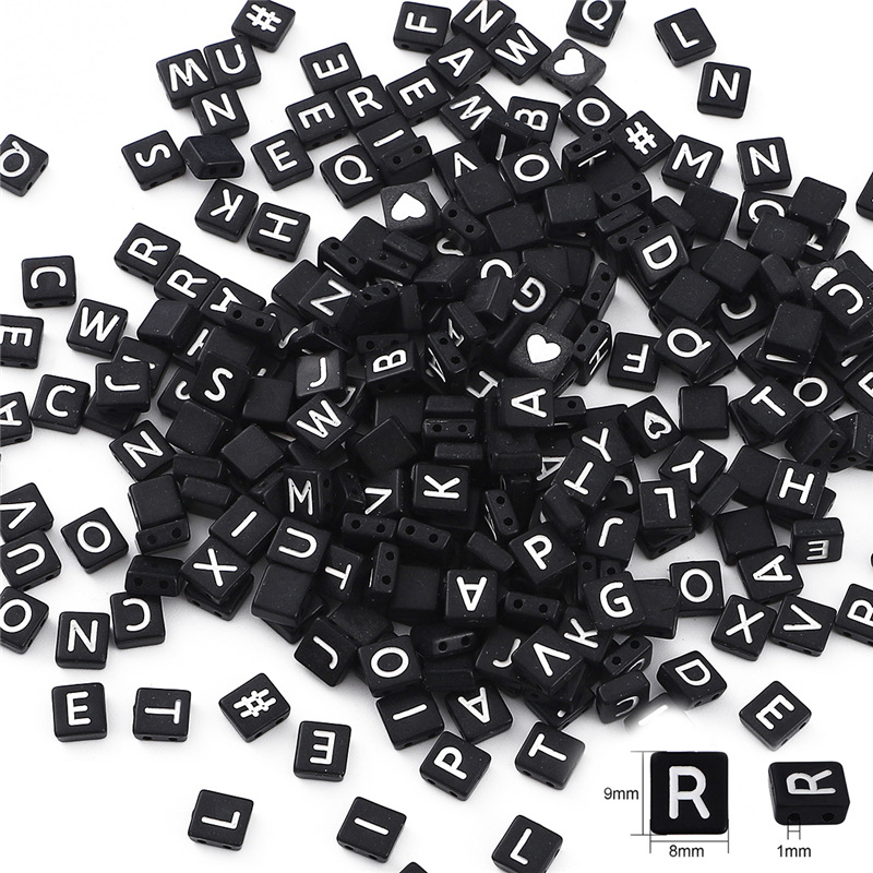 9x8mm black and white double-hole alphabet beads about 50/pack