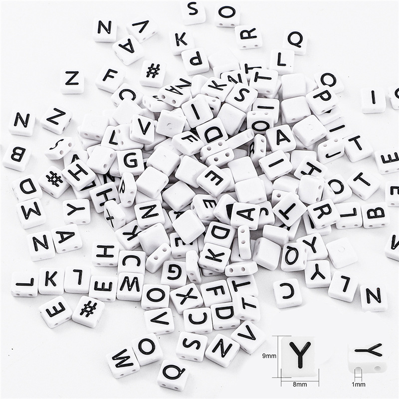 9:9x8mm white and black double-hole alphabet beads about 50/pack