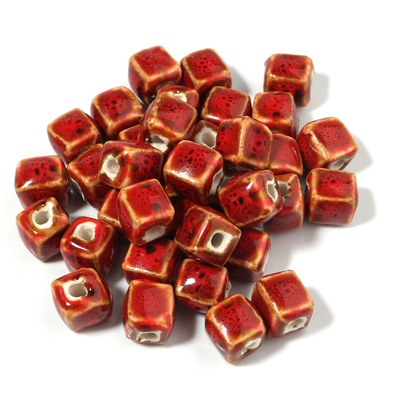 Ceramic flower glaze red square bead