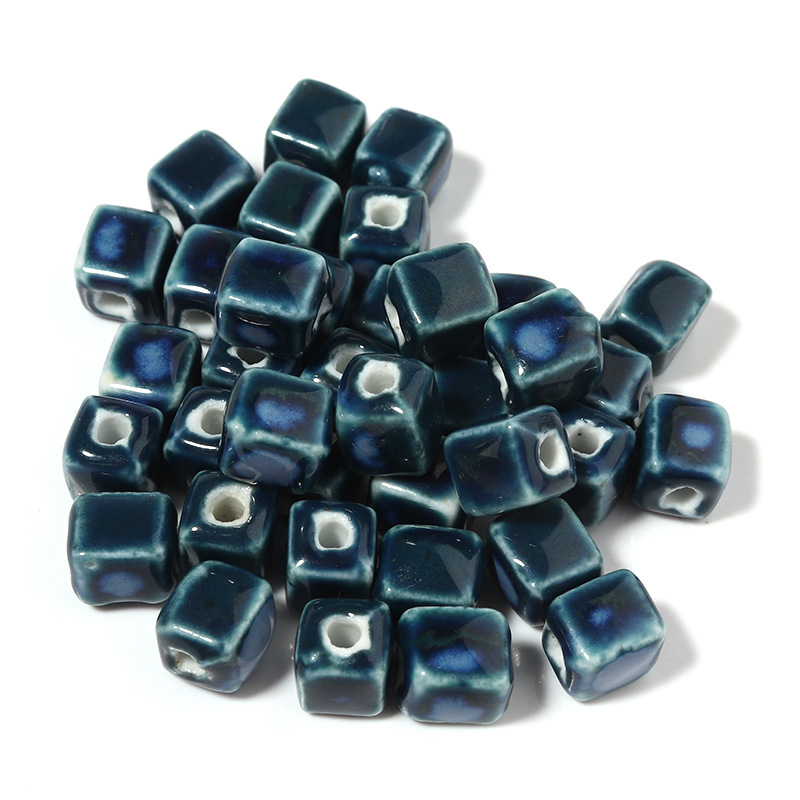 Ceramic flower glaze blue square bead
