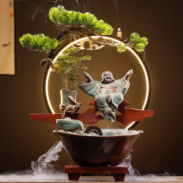 Bamboo rhythm lamp circle water flow device [Happy Maitreya]   atomizer   green plants   incense 40*18*48cm