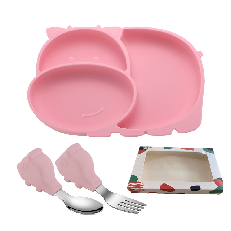 dinner plate (pink) with color box   pig spoon fork