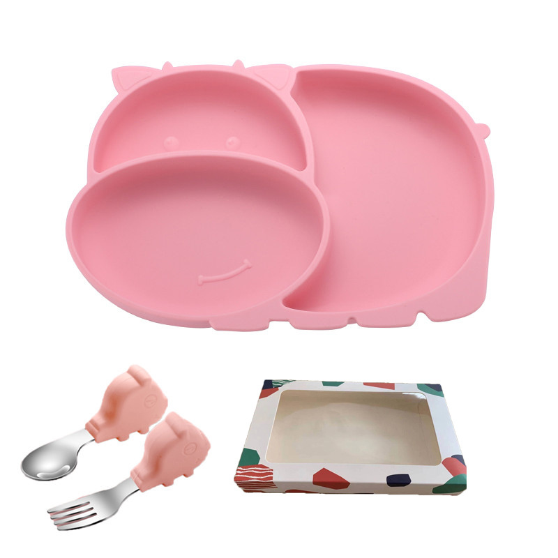 dinner plate (pink) with color box   pig spoon fork (bend)