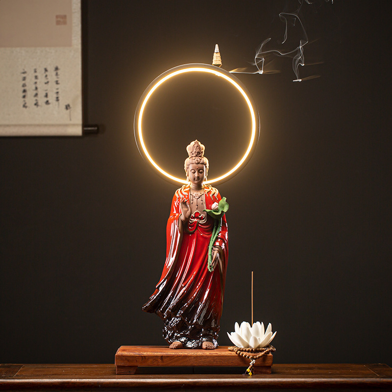 Red Clothes Holding Lotus Guanyin Bodhisattva   Lamp Circle 30*20.5*52.5cm