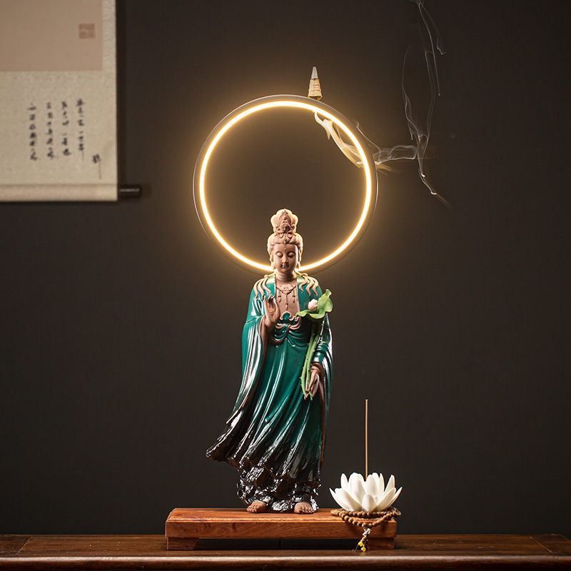 5:Green Clothes Holding Lotus Guanyin Bodhisattva   Lamp Circle 30*20.5*52.5cm