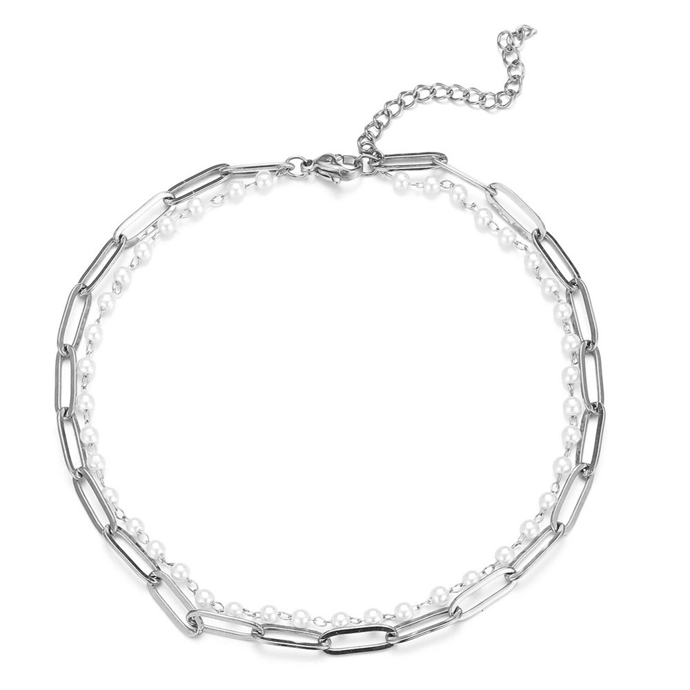 17cm Bracelet White Beads Steel Color