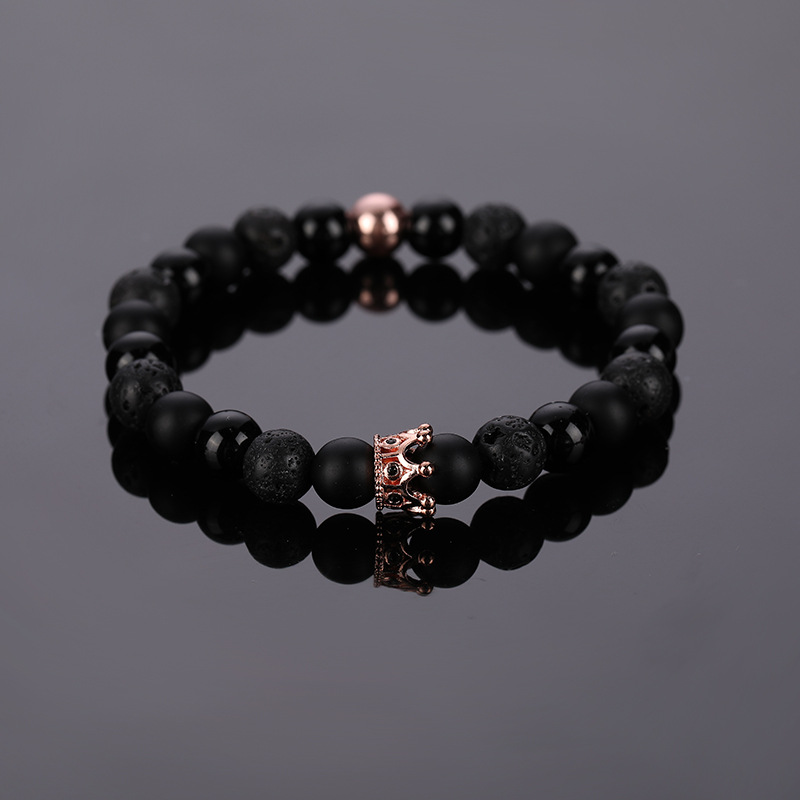 Small Rose Gold Crown Volcanic Stone Black Bead Br