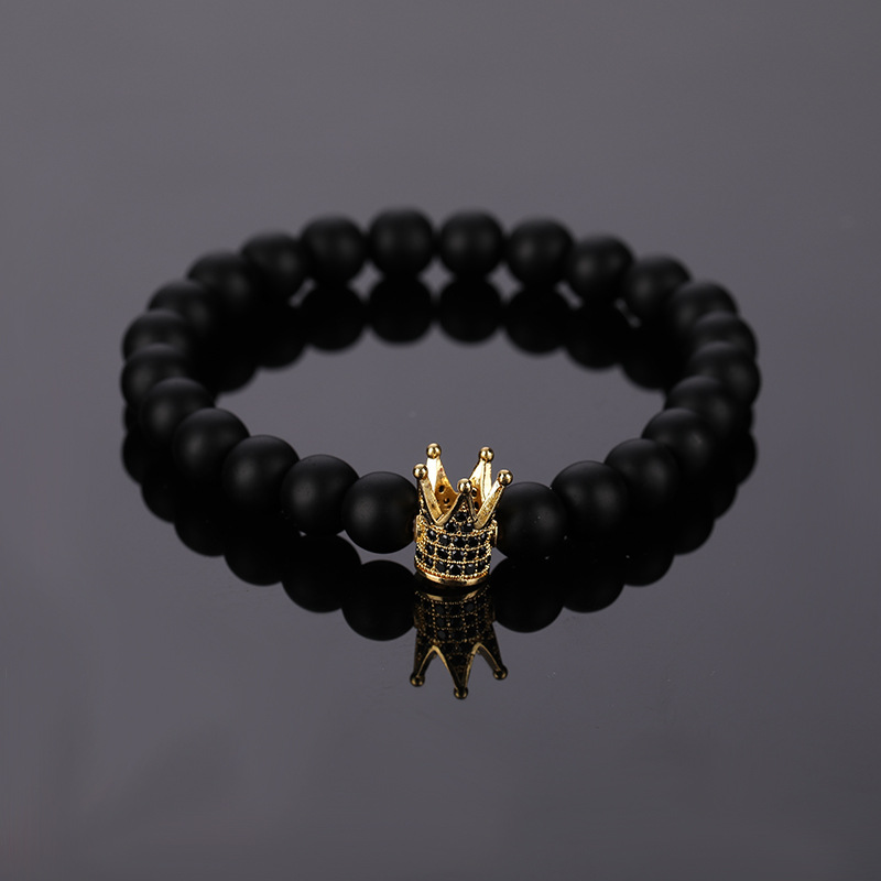 Large Golden Crown Frosted Black Bracelet