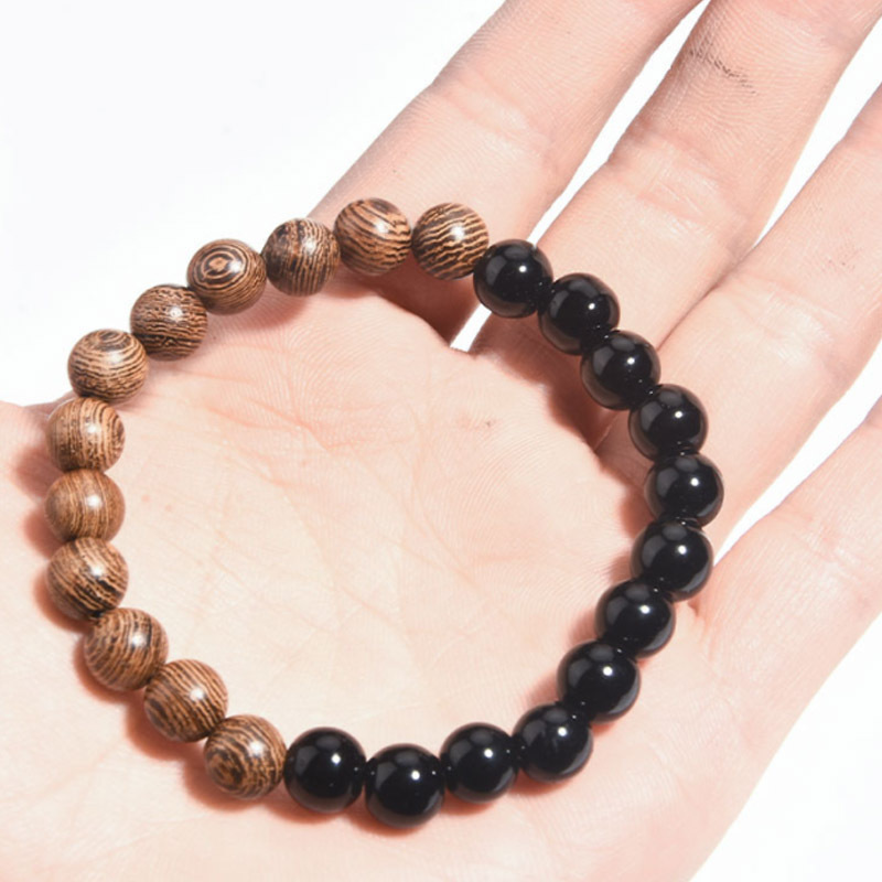 10:Bright Black Wooden Beads 8MM Black Bracelet 19cm