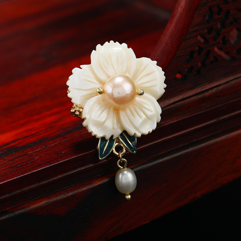 Guofeng Freshwater Pearl Shell Peony 40x25mm